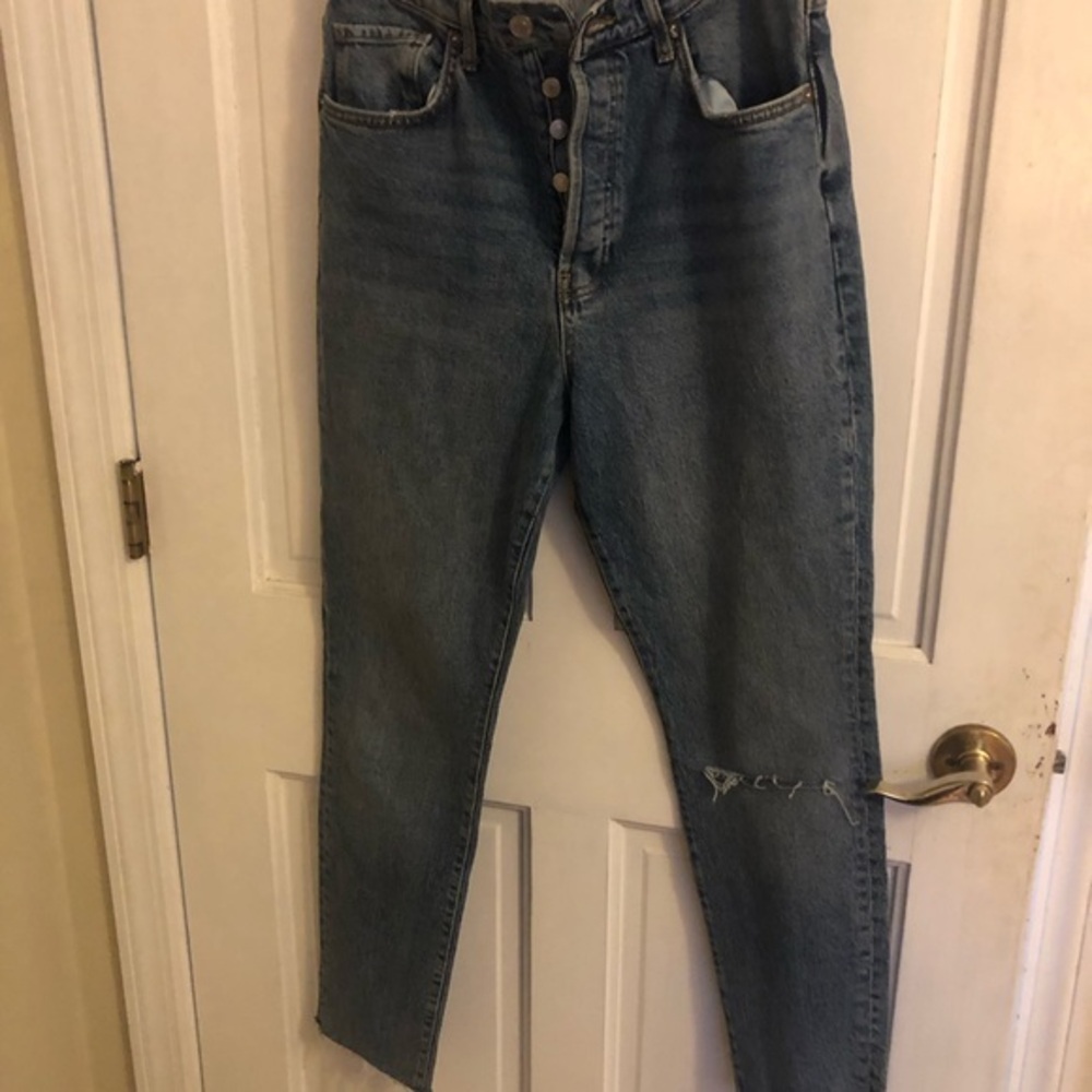 Free People Jeans Medium Blue Straight Leg with Button Fly Distressed